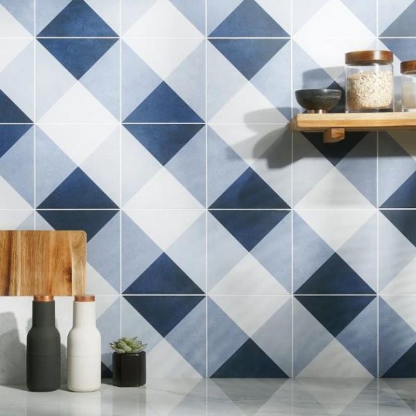 Commercial Floor | 1 sq. ft. Art Geo Cement Deco Blue 8×8 Matte Porcelain Tile: Pattern 2 Deco Navy Bathroom Bathroom