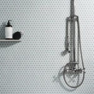 Commercial Floor | 1 sq. ft. Eden Modern Gray Rimmed 1″ Hexagon Polished Porcelain Mosaic Gray Bathroom Bathroom