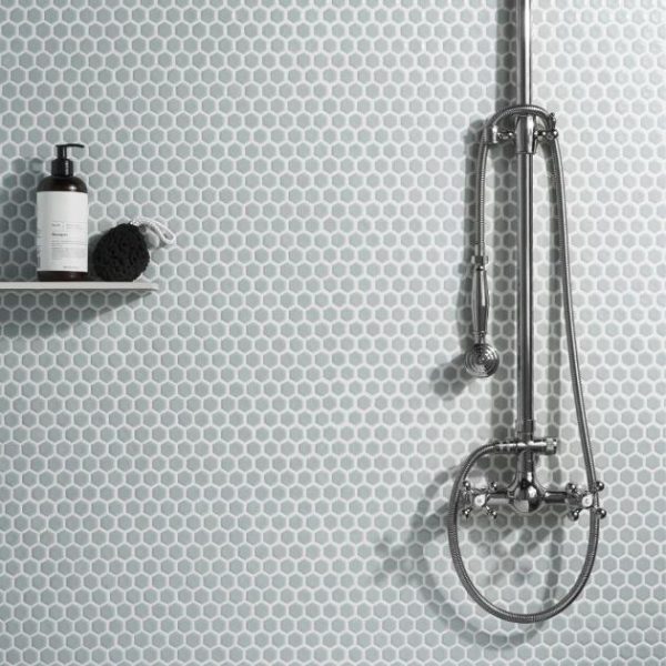 Commercial Floor | 1 sq. ft. Eden Modern Gray Rimmed 1″ Hexagon Polished Porcelain Mosaic Gray Bathroom Bathroom