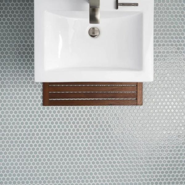 Commercial Floor | 1 sq. ft. Eden Modern Gray Rimmed 1″ Hexagon Polished Porcelain Mosaic Gray Bathroom Bathroom