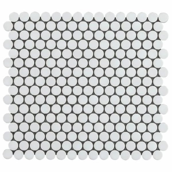 Commercial Floor | 1 sq. ft. Eden White 1″ Penny Round Matte Porcelain Mosaic Matte White Bathroom Bathroom