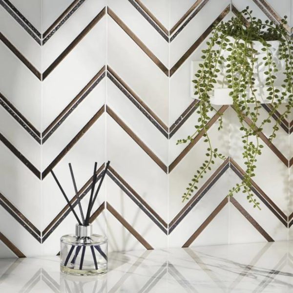 Commercial Floor | 1 sq. ft. Magma Chevron Palermo White Marble and Bronze Lava Stone Polished Mosaic Tile Bianco Bronze Bathroom Bathroom