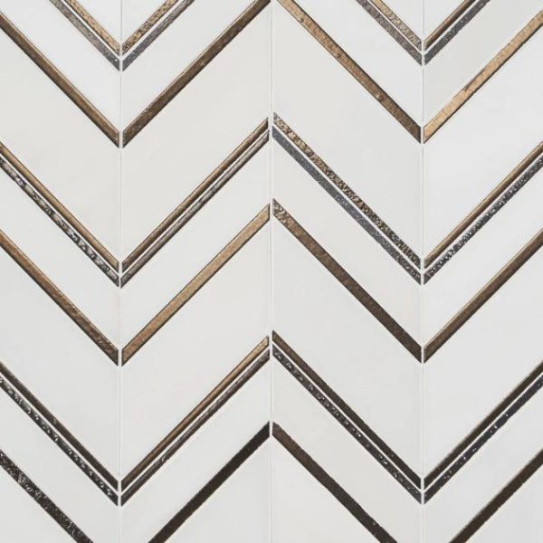 Commercial Floor | 1 sq. ft. Magma Chevron Palermo White Marble and Bronze Lava Stone Polished Mosaic Tile Bianco Bronze Bathroom Bathroom