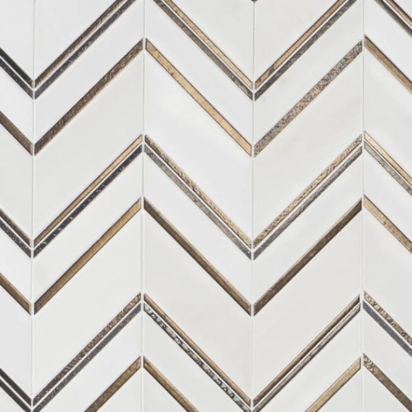 Commercial Floor | 1 sq. ft. Magma Chevron Palermo White Marble and Bronze Lava Stone Polished Mosaic Tile Bianco Bronze Bathroom Bathroom