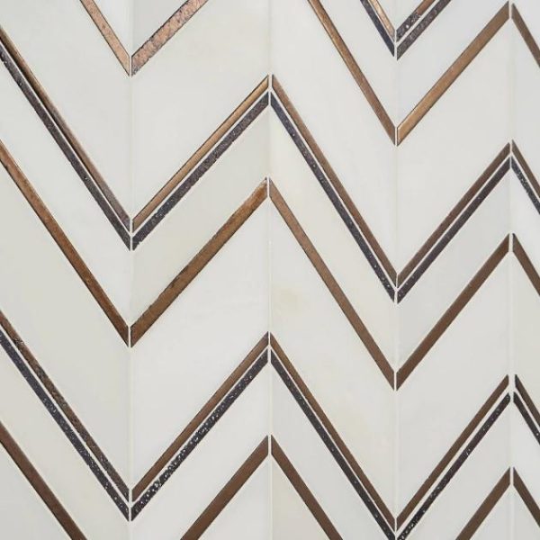 Commercial Floor | 1 sq. ft. Magma Chevron Palermo White Marble and Bronze Lava Stone Polished Mosaic Tile Bianco Bronze Bathroom Bathroom