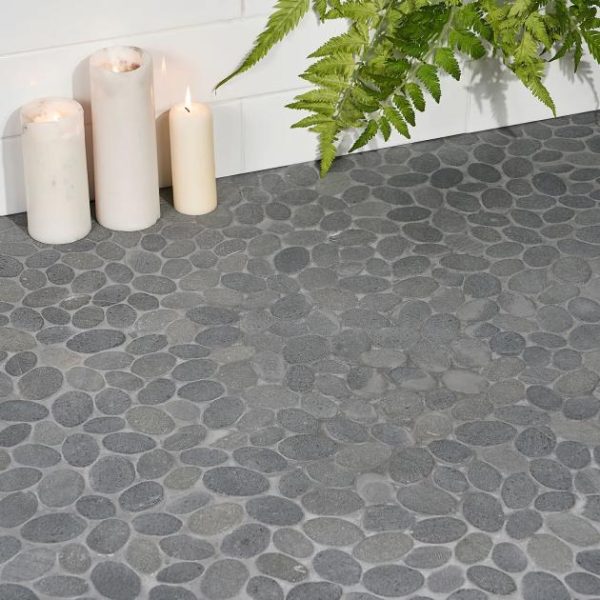 Commercial Floor | 1 sq. ft. Nature Oval Lava Black Pebble Honed Mosaic Tile Lava Black Bathroom Bathroom