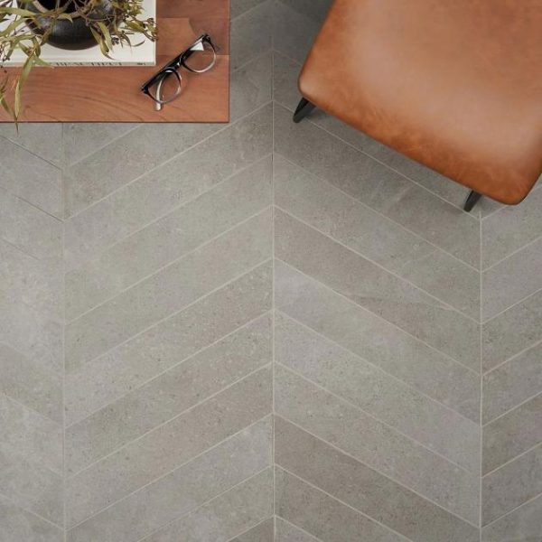 Commercial Floor | 1 sq. ft. New Rock Fumo Light Gray 4×21 Chevron Limestone Look Matte Porcelain Tile Light Gray Chevron Bathroom Bathroom