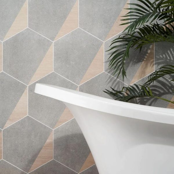 Commercial Floor | 1 sq. ft. Pergola Wood Gray 12.5″ Hexagon Matte Porcelain Tile Wood Gray Bathroom Bathroom