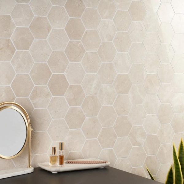 Crema Marfil | 1 sq. ft. Crema Marfil Beige 4″ Hexagon Polished Mosaic Tile 4 Stone 4