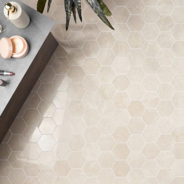 Crema Marfil | 1 sq. ft. Crema Marfil Beige 4″ Hexagon Polished Mosaic Tile 4 Stone 4