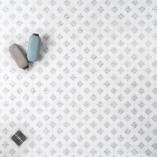 Floor Tiles | 1 sq. ft. Cleopatra Diamond Truffle White Terrazzo and Bianco White Marble Polished Mosaic Tile Truffle White Backsplash & Kitchen Backsplash & Kitchen