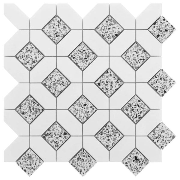 Floor Tiles | 1 sq. ft. Cleopatra Diamond Truffle White Terrazzo and Bianco White Marble Polished Mosaic Tile Truffle White Backsplash & Kitchen Backsplash & Kitchen