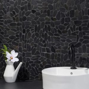 Floor Tiles | 1 sq. ft. Cobblestone Black Sliced Pebble Honed Mosaic Tile Black Sliced Bathroom Bathroom