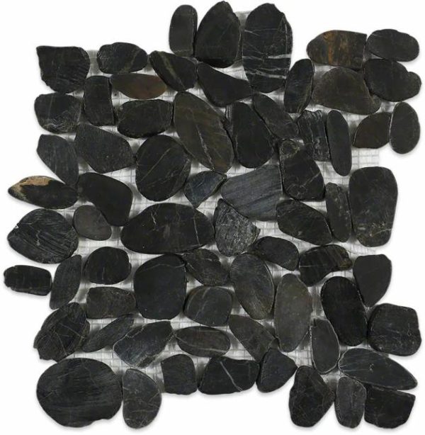 Floor Tiles | 1 sq. ft. Cobblestone Black Sliced Pebble Honed Mosaic Tile Black Sliced Bathroom Bathroom