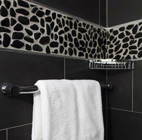 Floor Tiles | 1 sq. ft. Cobblestone Black Sliced Pebble Honed Mosaic Tile Black Sliced Bathroom Bathroom