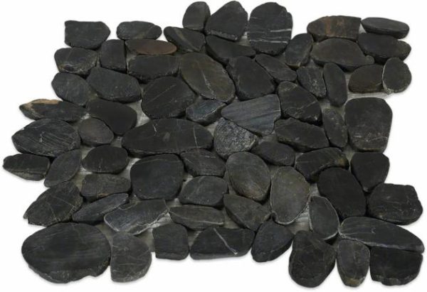 Floor Tiles | 1 sq. ft. Cobblestone Black Sliced Pebble Honed Mosaic Tile Black Sliced Bathroom Bathroom