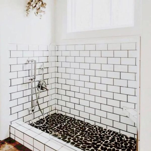 Floor Tiles | 1 sq. ft. Cobblestone Black Sliced Pebble Honed Mosaic Tile Black Sliced Bathroom Bathroom