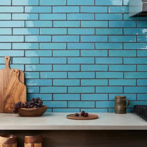 Floor Tiles | 1 sq. ft. Emery Blue 2×8 Handmade Crackled Glossy Terracotta Subway Tile Blue Backsplash & Kitchen Backsplash & Kitchen