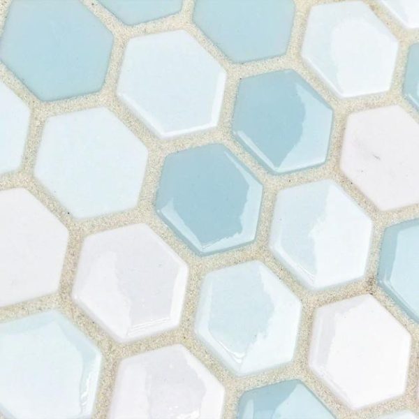 Floor Tiles | 1 sq. ft. Halcyon Ice Rink 1″ Hexagon Blue Polished Glass Mosaic Tile Bathroom Bathroom