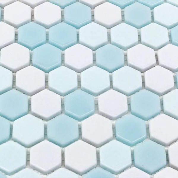 Floor Tiles | 1 sq. ft. Halcyon Ice Rink 1″ Hexagon Blue Polished Glass Mosaic Tile Bathroom Bathroom