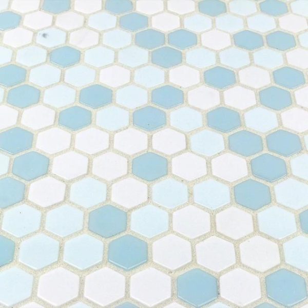 Floor Tiles | 1 sq. ft. Halcyon Ice Rink 1″ Hexagon Blue Polished Glass Mosaic Tile Bathroom Bathroom