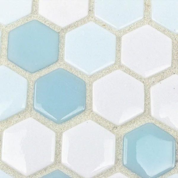 Floor Tiles | 1 sq. ft. Halcyon Ice Rink 1″ Hexagon Blue Polished Glass Mosaic Tile Bathroom Bathroom