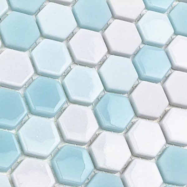 Floor Tiles | 1 sq. ft. Halcyon Ice Rink 1″ Hexagon Blue Polished Glass Mosaic Tile Bathroom Bathroom