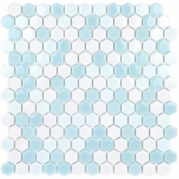 Floor Tiles | 1 sq. ft. Halcyon Ice Rink 1″ Hexagon Blue Polished Glass Mosaic Tile Bathroom Bathroom