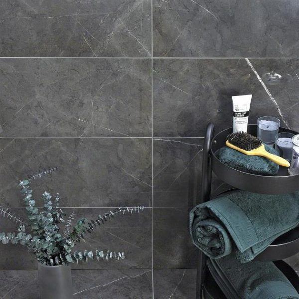 Floor Tiles | 1 sq. ft. Marble Tech Amani Gray 12×24 Polished Porcelain Tile Dark Gray Polished Bathroom Bathroom