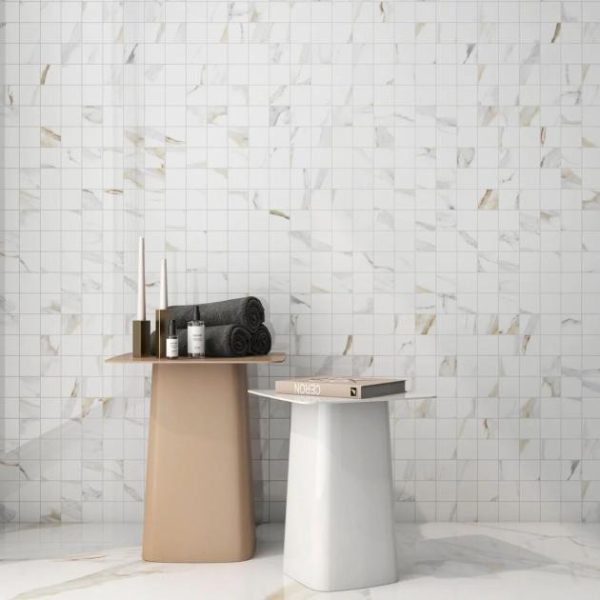 Floor Tiles | 1 sq. ft. Minera Aurora Gold 2×2 Marble Look Matte Mosaic Tile Aurora Gold Bathroom Aurora Gold