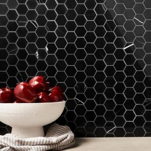 Floor Tiles | 1 sq. ft. Nero Marquina 2″ Hexagon Polished Marble Mosaic 2 Bathroom 2