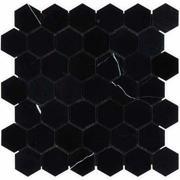 Floor Tiles | 1 sq. ft. Nero Marquina 2″ Hexagon Polished Marble Mosaic 2 Bathroom 2