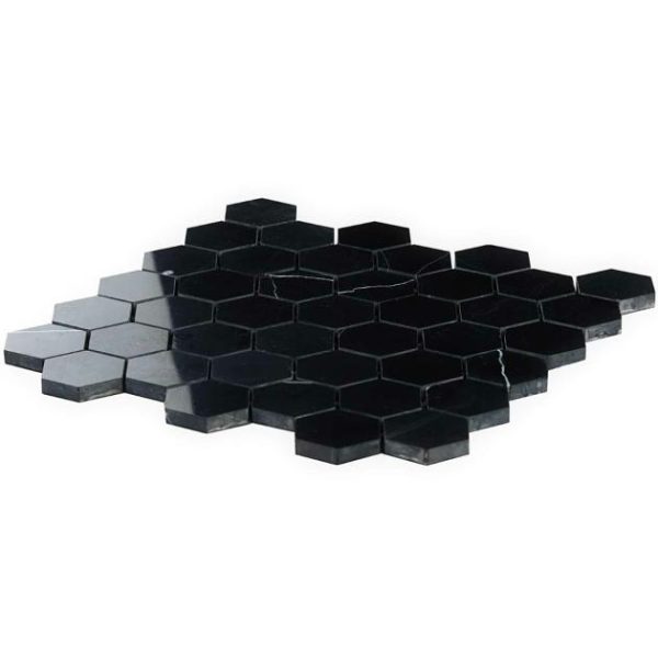 Floor Tiles | 1 sq. ft. Nero Marquina 2″ Hexagon Polished Marble Mosaic 2 Bathroom 2