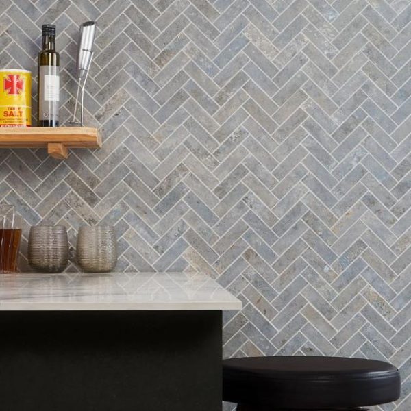 Floor Tiles | 1 sq. ft. Portrait Ocean Blue 1×4 Herringbone Matte Porcelain Mosaic Tile Ocean Backsplash & Kitchen Backsplash & Kitchen