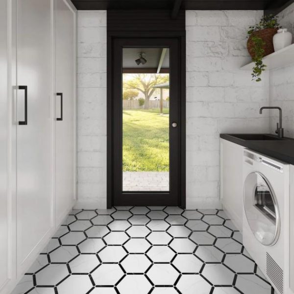 Floor Tiles | 1 sq. ft. Sagon Bianco White 9″ Hexagon Matte Porcelain Tile Bianco White Bathroom Bathroom