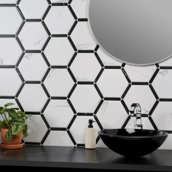 Floor Tiles | 1 sq. ft. Sagon Bianco White 9″ Hexagon Matte Porcelain Tile Bianco White Bathroom Bathroom