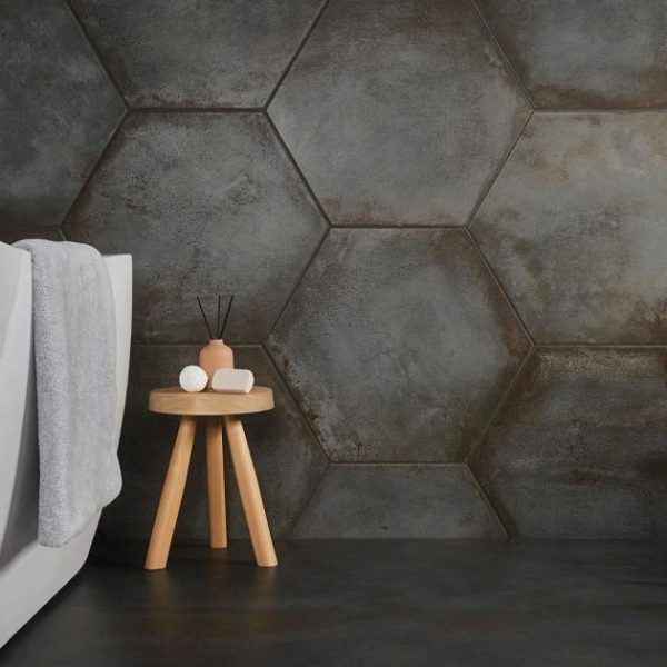 Large Wall | 1 sq. ft. Angela Harris Flatiron Graphite 20″ Large  Hexagon Matte Porcelain Tile Graphite Bathroom Bathroom