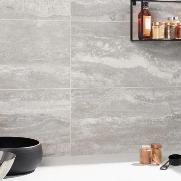 Large Wall | 1 sq. ft. Basic Travertine Silver 12×24 Matte Porcelain Tile Silver Bathroom Bathroom