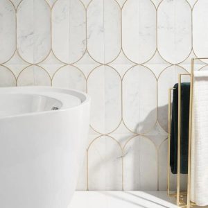 Large Wall | 1 sq. ft. Calypso 3D Carved Bianco White Brass Inlay 8×16 Textured Honed Marble Limestone Tile Bianco Bathroom Bathroom