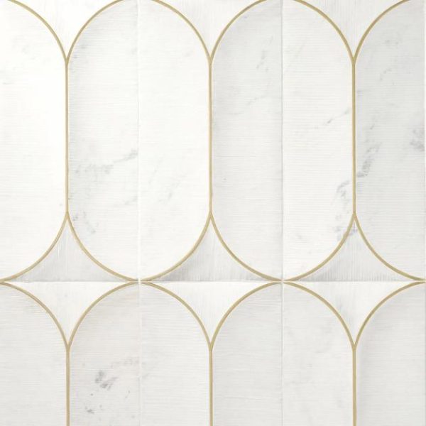 Large Wall | 1 sq. ft. Calypso 3D Carved Bianco White Brass Inlay 8×16 Textured Honed Marble Limestone Tile Bianco Bathroom Bathroom