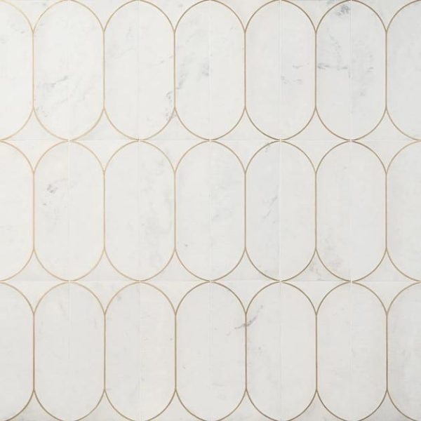 Large Wall | 1 sq. ft. Calypso 3D Carved Bianco White Brass Inlay 8×16 Textured Honed Marble Limestone Tile Bianco Bathroom Bathroom