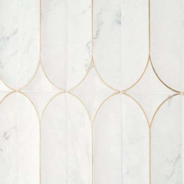 Large Wall | 1 sq. ft. Calypso 3D Carved Bianco White Brass Inlay 8×16 Textured Honed Marble Limestone Tile Bianco Bathroom Bathroom