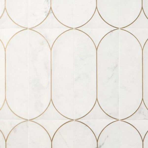 Large Wall | 1 sq. ft. Calypso 3D Carved Bianco White Brass Inlay 8×16 Textured Honed Marble Limestone Tile Bianco Bathroom Bathroom