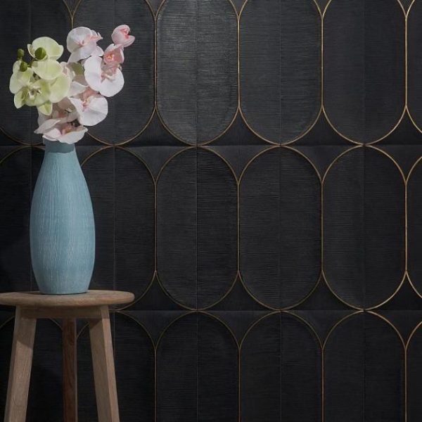 Large Wall | 1 sq. ft. Calypso 3D Carved Nero Black Brass Inlay 8×16 Textured Honed Marble Limestone Tile Nero Bathroom Bathroom