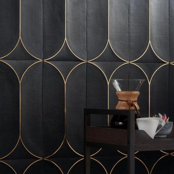 Large Wall | 1 sq. ft. Calypso 3D Carved Nero Black Brass Inlay 8×16 Textured Honed Marble Limestone Tile Nero Bathroom Bathroom