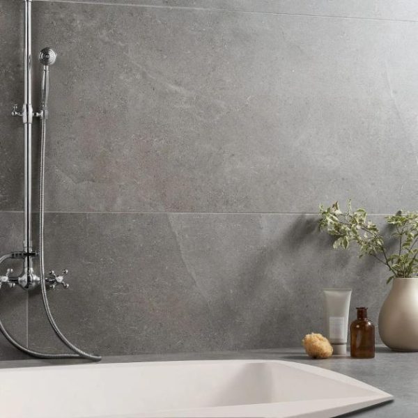 Large Wall | 1 sq. ft. New Rock Fossil Dark Gray 24×48 Limestone Look Matte Porcelain Tile Dark Gray Bathroom Bathroom