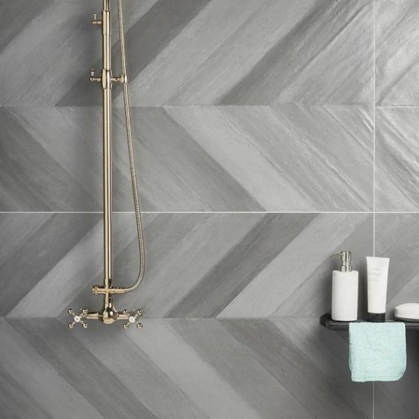 Large Wall | 1 sq. ft. Sculpt Chevron Gray 24×48 Natural Porcelain Tile Chevron Gray Bathroom Bathroom