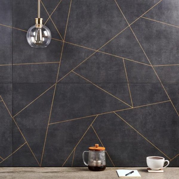 Large Wall | 1 sq. ft. Whitney Ardesia Charcoal Black and Gold Line 24×48 Artisan Decor Matte Porcelain Wall Tile Charcoal Bathroom Bathroom