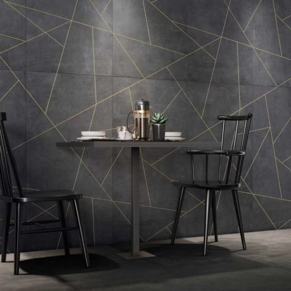 Large Wall | 1 sq. ft. Whitney Ardesia Charcoal Black and Gold Line 24×48 Artisan Decor Matte Porcelain Wall Tile Charcoal Bathroom Bathroom