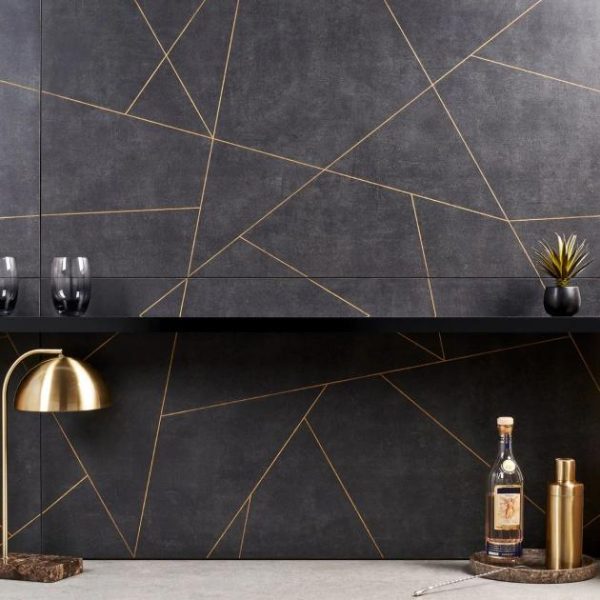 Large Wall | 1 sq. ft. Whitney Ardesia Charcoal Black and Gold Line 24×48 Artisan Decor Matte Porcelain Wall Tile Charcoal Bathroom Bathroom